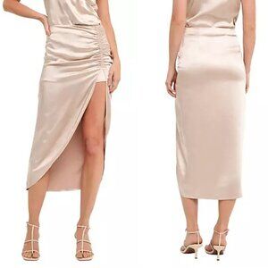 NWT Endless Rose Side Ruched Front Slit Midi Skirt Beige Size M Business Casual